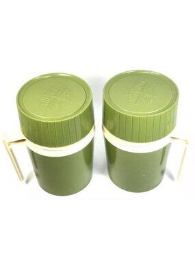 Vintage Thermos Set of 2 Green White Handles Insulated Cups Lids Retro Camping